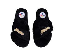 FOCO Pantuflas para mujer NFL Team Script Wordmark Fuzzy Cross Slide