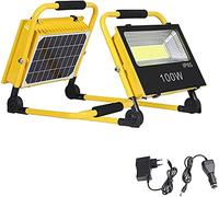 Foco solar de 100 W con control remoto, foco LED COB portátil de 800 lm para obras de construcción, iluminación de 2 modos, batería recargable de 5000 mAh, luz de trabajo para exteriores impermeable