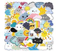 FOCRI 50 calcomanías de letreros meteorológicos para niños y adolescentes, Kawaii Sun Rainbow Rain Thunderstorm Tornado, diarios, patinetas