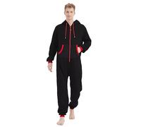 Focupaja Onesie Adulto con Capucha y Bolsillos Pijama de una Pieza Halloween Navidad Familia a Juego para Mujeres y Hombres Negro Rojo Cremallera L