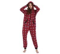Focupaja Pijama Adulto Cuadros Onesie de Navidad Mono con Capucha y Cremallera Familia Homewear Sleepwear Mujeres Hombres En Rojo XL