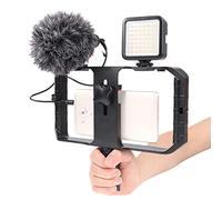 FocusFoto PRO U-Rig - Soporte estabilizador para cámara de video para smartphone, con micrófono MM1+ mejorado + 49 luces LED + kit de mini trípode para teléfono móvil, iPhone, filmación, videomaker
