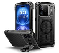 Focusor para Funda iPhone 16 con Pantalla Incorporado, Soporte para Cámara Carcasa Metal Armor Antigolpes Militar 360 Grados Completa Resistente Irrompible Robusta Blindada Case, Negro