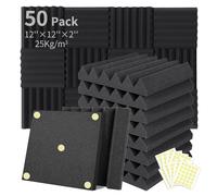 Focusound Paquete de 50 paneles de espuma acústica de cuña de 2 x 12 x 12 pulgadas, alta densidad, 25 kg/m3, espuma insonorizante con cancelación de ruido con 300 adhesivos de doble cara