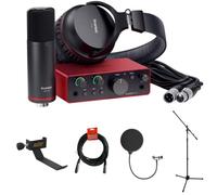 Focusrite Scarlett Solo Studio - Interfaz de audio USB-C con micrófono y auriculares (4ª generación) con abrazadera en soporte para auriculares, soporte de micrófono de trípode + boom, filtro Kellopy