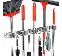 FODARSAI Soporte de pared para fregona y escoba, colgador de escoba mejorado, organizador de escobas de acero inoxidable para armario, garaje, lavandería, cocina, decoración de pared (5 estantes, 4