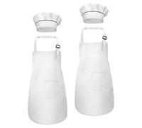 Fodlon Blanco Delantal y Gorro Cocina para Niños, Delantal de Cocina Gorro De Cocinero para Cocinar Hornear Pintura, Ajustable Infantil Delantal con 2 Bolsillos para Niñas Niñito 6-13 Años (2 Sets)
