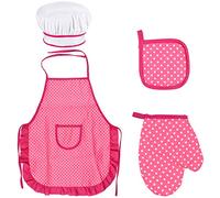Fodlon Juego Chef para Niños, Ajustable Niños Delantal Cocina con Gorro de Chef, Manopla de Cocina para Niños, Tapete Resistente al Calor para Niños y Niñas de 3 a 8 Años (Rosa Roja)