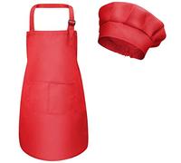 Fodlon Niños Delantal y Gorro de Cocinero, Ajustable Infantil Delantales de Chef con Bolsillos para Niñas, Niñito Delantales de Cocina para Hornear Cocinar Pintura Artesanía (M para 3-6 Años) (Rojo)