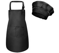 Fodlon Niños Delantal y Gorro de Cocinero, Ajustable Infantil Delantales de Chef con Bolsillos para Niñas, Niñito Delantales de Cocina para Hornear Cocinar Pintura Artesanía (M para 3-6 Años) (Negro)