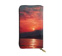 FodPand Cartera ultrafina de piel sintética para mujeres y hombres, con cremallera, tarjetero de crédito, bolso largo de mano con diseño de corazón a rayas blancas y negras, Atardecer rojo ardiente