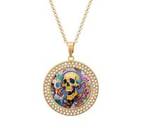 FodPand Collar de diamantes con estampado de calavera para mujer, novia, mamá, cadena de cable de 20 pulgadas, collar con colgante redondo, conmemorativo, pareja, amistad, cumpleaños, aniversario