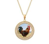 FodPand Collar de diamantes de gallo de pollo para mujer, novia, mamá, cadena de cable de 20 pulgadas, collar con colgante redondo, conmemorativo, pareja, amistad, cumpleaños, aniversario, boda