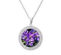 FodPand Violets in Bloom - Collar de diamantes para mujer, novia, mamá, cadena de cable de 20 pulgadas, collar con colgante redondo, conmemorativo, pareja, amistad, cumpleaños, aniversario, boda