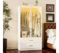 FOERPL Armario moderno blanco con luz LED y puertas de vidrio, armario con barra para colgar y 2 cajones, para dormitorio y habitación infantil (80x50x175 cm, MDF)