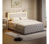 FOERPL Cama baúl de 140 x 200 cm con contenedor, LED, función de carga y cabecero - Matrimonial acolchado para adultos (beige)