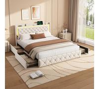 FOERPL - Cama con cajón, cama doble de 140 x 190 cm, con almacenamiento, marco de cama con LED y puerto de carga USB, 4 cajones de hierro, cama acolchada de terciopelo suave, sin colchón (H Beige, 140