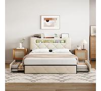 FOERPL - Cama con cajón, cama doble de 140 x 200 cm, con almacenamiento, marco de cama con LED y puerto de carga USB, 4 cajones de hierro, cama acolchada de terciopelo suave, sin colchón (E Beige, 140