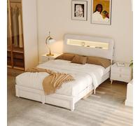 FOERPL - Cama con cajón, cama doble de 160 x 200 cm, con almacenamiento, marco de cama con LED y puerto de carga USB, 2 cajones de hierro, cama acolchada de terciopelo suave, sin colchón (I Beige, 160