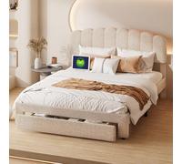 FOERPL - Cama de 140 x 200 cm, con cajón de almacenamiento, marco de cama acolchada con toma puerto USB de cama doble con cajones y cabecera de cama ajustable en altura para adultos, sin colchón