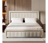 FOERPL - Cama de 140 x 200 cm, con somier, cama doble con almacenamiento, marco de cama, terciopelo, tapizado con somier de madera (A blanco roto, 140 x 200 cm)