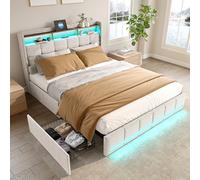 FOERPL Cama Doble 140 x 200 cm Con Almacenamiento, LED y 4 Cajones de Hierro, Mesita de Noche Con Puerto USB, Marco de Cama Para Adultos en Tela de Lino