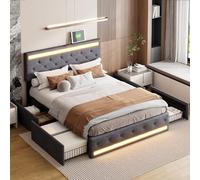 FOERPL Cama Doble 160 x 200 cm Con Almacenamiento, LED y 4 Cajones de Hierro, Mesita de Noche Con Puerto USB, Marco de Cama Adulto de Tela de Lino (Gris)