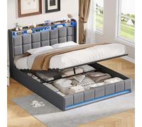 FOERPL - Cama doble con baúl de almacenamiento y somier de láminas, cama de 160 x 200 cm con cabeza tapizada, LED y USB, marco de cama de 2 plazas para adolescentes adultos, tejido de lino, sin