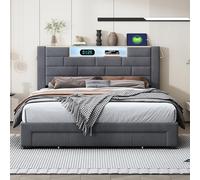 FOERPL - Cama doble de 160 x 200 cm con almacenamiento, cajón con LED, cajones de hierro, mesita de noche con puerto de carga USB, tela de terciopelo (E gris, 160 x 200 cm)