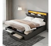 FOERPL Camas 140x190 con Almacenaje Hidráulica y 2 Cajones, Cama Tapizada de Matrimonio con iluminación LED, 140x190cm Cama Canapé con Cabecero y Somier, Lino