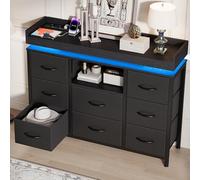 FOERPL Cómoda de 8 cajones con iluminación LED y toma para dormitorio, pasillo, salón, armario de almacenamiento con cajones de tela, marco de metal, bandeja MDF(negro)