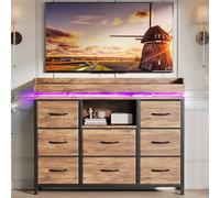 FOERPL Cómoda de Dormitorio para Adultos con 8 Cajones, Cómoda con Cajones de Tela, Chifonier, Mueble de Almacenamiento de Madera con LED y Enchufe, Cómoda Baja con Cajones, Mueble de Pasillo con