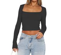 FOFAINWE Camiseta de manga larga para mujer, cuello cuadrado, corte ajustado, Y2K Going Out Top Workout Otoño Trajes, gris oscuro, XS