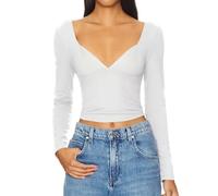 FOFAINWE Camisetas de manga larga sin espalda para mujer - Sexy Crop Top Slim Fit Y2K escote corazón parte superior monocolor mujer, Blanco, M