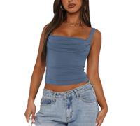 FOFAINWE ForeFair - Camiseta de tirantes para mujer, sin espalda, con fruncido, cuello cuadrado, con tirantes, ajustado, corte ajustado, Azul Fresno, L