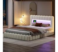 Fofetbfo Cama Baúl 140 x 200 cm, Burbuja Cama Doble Acolchado con Iluminación LED y Tipo-C y USB, Cama Capitonada con Almacenamiento, Marco de Cama Hidráulica con Somier de Latte, Lino (Beige, 140 x