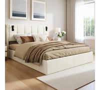 Fofetbfo Cama Baúl 160 x 200 cm, Cama Hidráulica con USB y LED, Cama Doble Capitonada con Almacenamiento, Cama 2 Personas con cabecera, Somier de láminas, Marco de cama para Adultos y Adolescentes