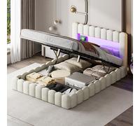 Fofetbfo Cama Baúl 180 x 200 cm, Burbuja Cama Doble Acolchado con Iluminación LED y Tipo-C y USB, Cama Capitonada con Almacenamiento, Marco de Cama Hidráulica con Somier de Latte, Lino (Beige, 180 x