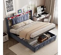 Fofetbfo - Cama de 140 x 200 LED, cama doble acolchada con cabecera de cama y espacio de almacenamiento, cama 160 x 200 con somier y USB, camas para 2 personas con listones de terciopelo (140 x 200 cm