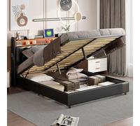 Fofetbfo Cama tapizada de 180 x 200 cm con luces LED y cargador USB, cama doble con espacio de almacenamiento y somier, cama de almacenamiento hidráulico, respaldo de cama, estructura de cama,
