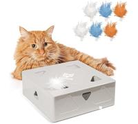 FOFOS Caja para Gatos, Juguete Interactivo con Pluma Inteligente, Pluma Colorida Brillante de Escondite con el Gato. Detección Inteligente del Acercamiento del Gato para Jugar (Blanco-Baterías)