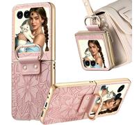 Fofvccv Funda para Motorola Razr 2026 / Moto Razr 2025 / Razr 2024 con soporte de anillo, funda de piel sintética en relieve con correa de mano, funda plegable de lujo para Moto Razr 2026/2025 HYY