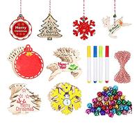 FOGAWA 40 Pcs Adornos Colgantes de Madera de Navidad Ornamento Colgante Decoración Rebanadas Scrapbooking Bricolaje DIY Artesanía 4 Forma con Campana Cuerda y Bolígrafo