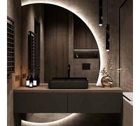 FogFree - Espejo de pared LED para maquillaje, diseño de media luna inastillable, 51 x 35 pulgadas, perfecto para tocador de baño y rutina de belleza, tecnología antivaho para un reflejo claro