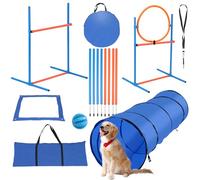 Fogmiea Agility Set Perros,5 Piezas Conjunto Accesorios Entrenamiento Canino con Valla,Anillo de Salto,Túnel Canino,8 Postes de Slalom,Pelota Azul,Silbato,Bolsa de Mano para Parque & Deporte Canino