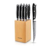 FOHERE Cuchillos para Carne con Bloque de Cuchillos, Juego de 8 Cuchillos para Carne de Acero Inoxidable con Hoja Recta Extra Afilada, Patrón de Damasco, Diseño de Mango Ergonómico de Espiga Completa