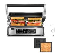FOHERE Multifuncional 4 en 1 Grill de Contacto, Gofrera y Sandwichera con 4 Placas Antiadherentes Extraíbles, Tiempo y Temperatura Individuales, Pantalla LED, 2000W