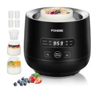 FOHERE Yogurtera con 2 XXL Tarros Capacidad de 2000 ml y 1400 ml, 4 * 125 ml Vasos y Tapa, 8 Programas Preestablecidos, Pantalla LCD, Temporizador, Potencia 20 W, Sin BPA
