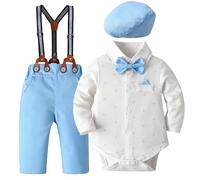 Fohuanky Conjunto para niño tirantes, body con pajarita y gorra plana; traje de gala para bebé, traje de caballero para bodas, bautizos y cumpleaños, de 0 a 18 meses