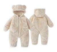 Fohuanky Traje de bebé recién nacido con capucha de forro polar cálido todo en uno, mameluco de invierno para niños y niñas de 0 a 12 meses, beige, 9-12 meses